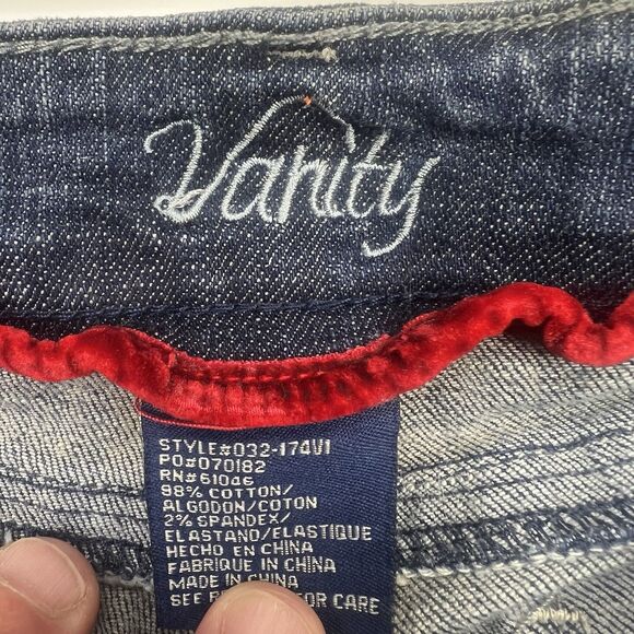 Vanity Pants Women 27/31 Blue Denim Jean Flared Embroidered Med Wash Low Rise - Picture 11 of 16